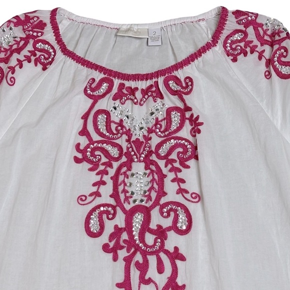 CHICO'S Anelle Blouse 3/4 sleeves Embroidered Embellished White Fuchsia Like new - Picture 9 of 16